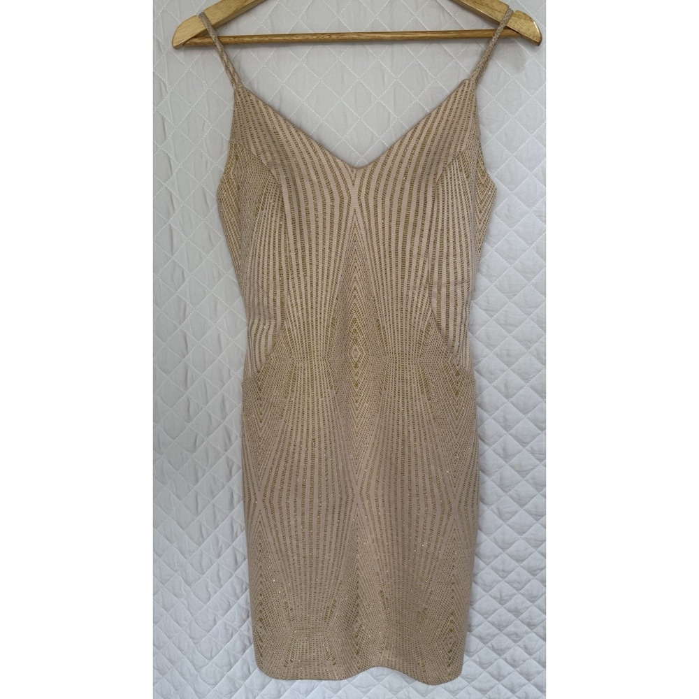NWT Haute Monde Geometric Nude Gold Metallic Bodycon Dress Size L Art Deco Style - Picture 15 of 16
